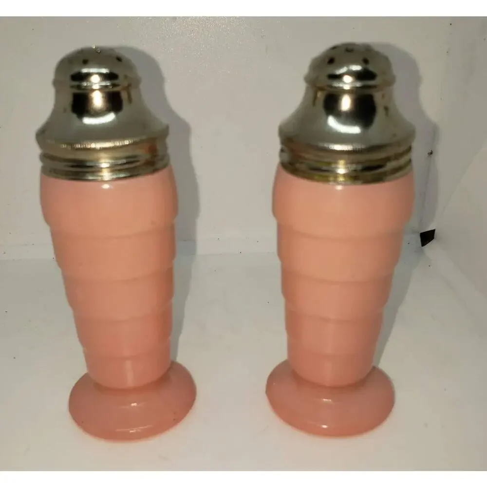 Vintage Pink Satin Milk Glass Salt and Pepper shakers in EUC - Picture 1 of 3
